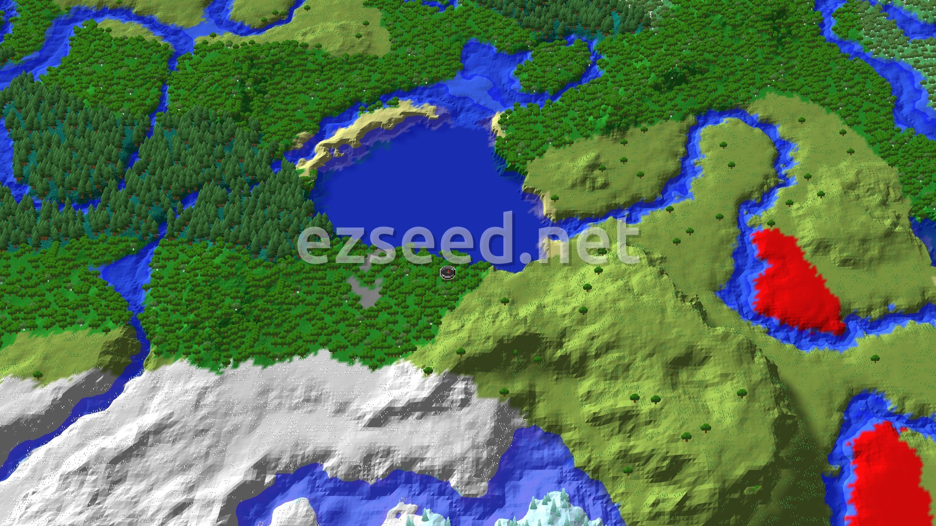 A 3D fly-over of a dense forest sloping down to a wide blue lake, with open plains to the east and a snow-covered slope to the south.