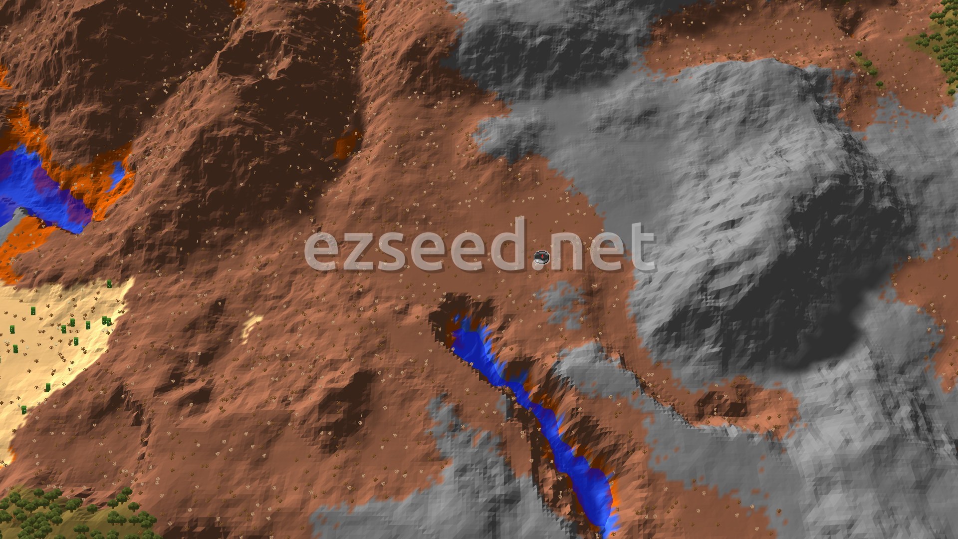 Terracotta-brown badlands ridges and gray stone patches around the spawn marker, with narrow blue rivers cutting through the mesa and a sandy desert edge and green trees at the corners.