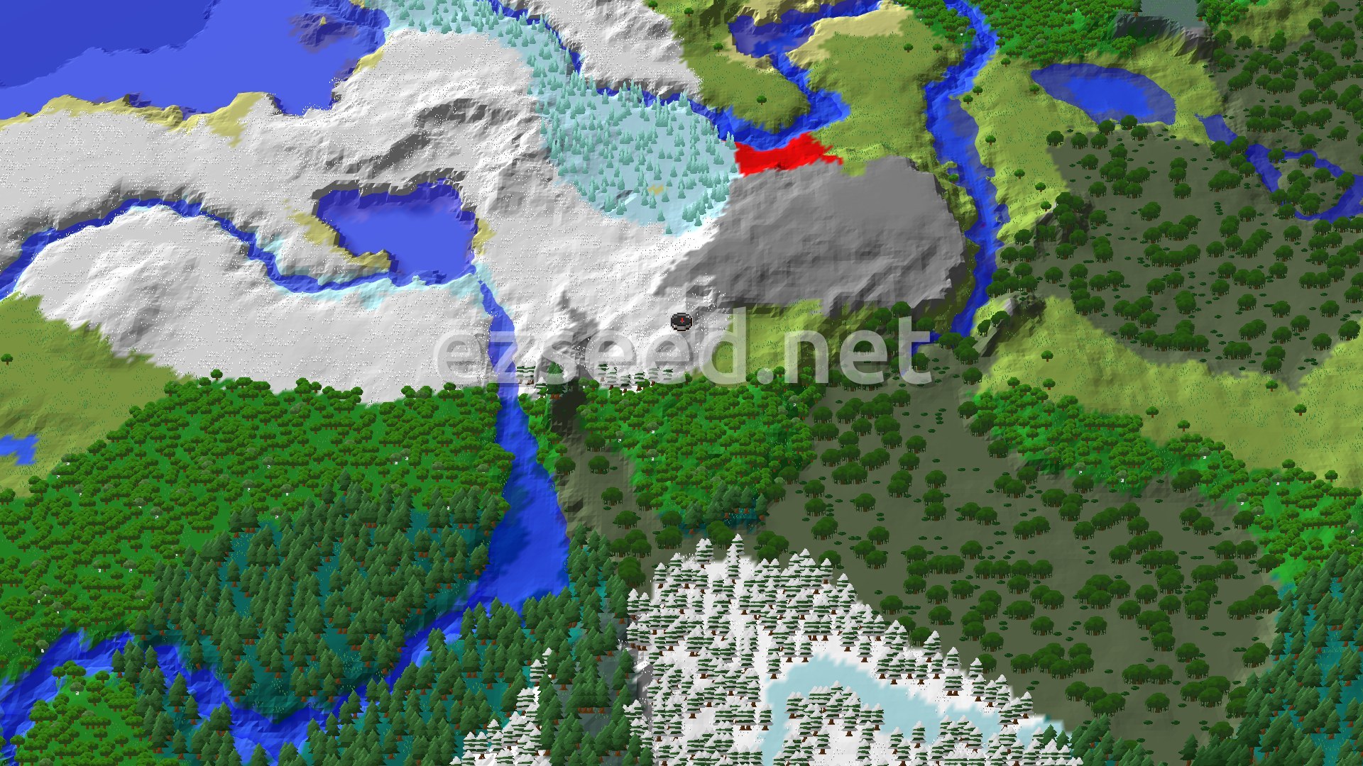 A 3D fly-over of snow-covered plains split by blue rivers, with green forest and plains to the south and east and a snowy taiga patch at the bottom.
