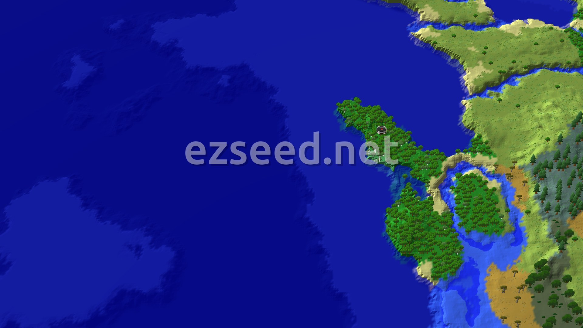 A narrow, densely wooded island runs diagonally through deep blue ocean, with a sandy cove and a second wooded patch to its south-east and a larger grassland coast beyond.