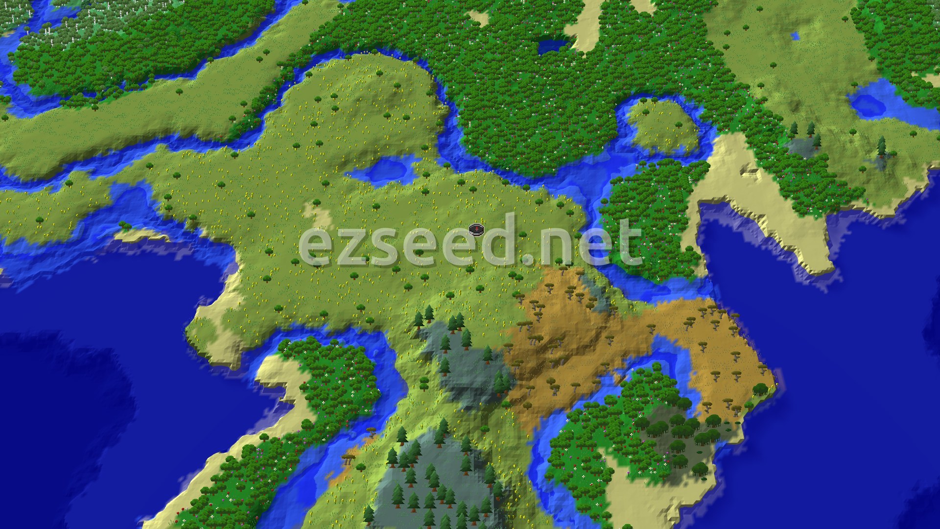 A fly-over of a sunflower plains peninsula cut by rivers, with dense flowering forest to the north and east, an orange savanna patch to the southeast, grey hills to the south and open ocean on both sides.