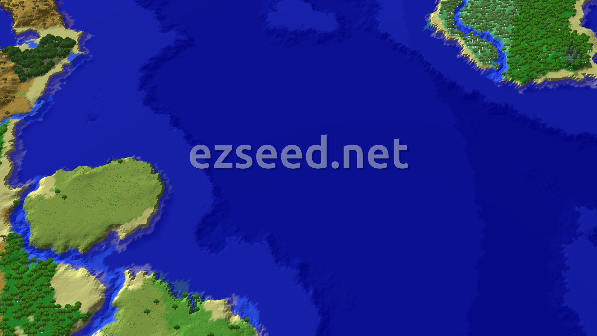 A wide stretch of deep blue ocean with a savanna plateau and forested shoreline on the left and a dense green forest with a river along the upper right.