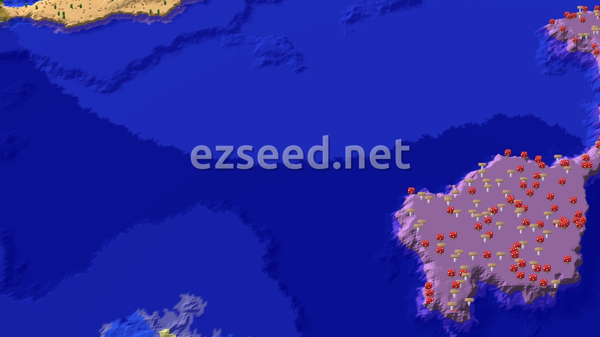 A fly-over of deep blue ocean with a sandy cactus-dotted shore at the top left and a purple mushroom-covered island with red and brown mushrooms at the right.