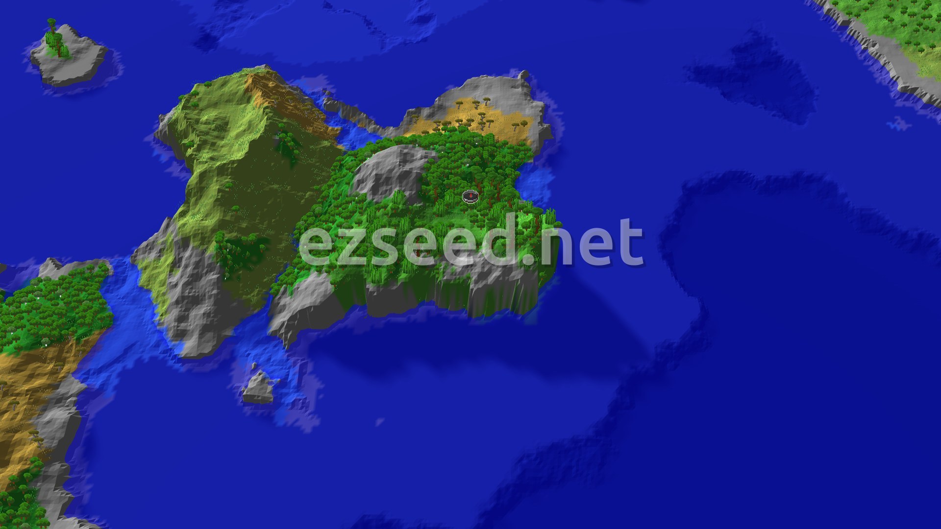 A 3D fly-over of a green jungle island with grey stone cliffs and a tan savanna patch, surrounded by deep blue ocean and smaller islets.