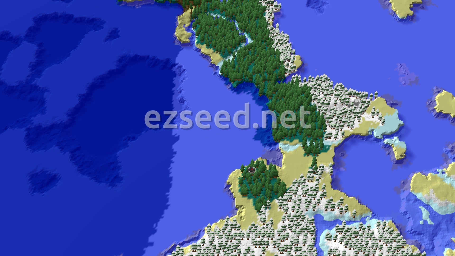 A narrow strip of spruce forest and snow-dusted taiga runs along a sandy coast beside wide stretches of frozen and cold ocean.