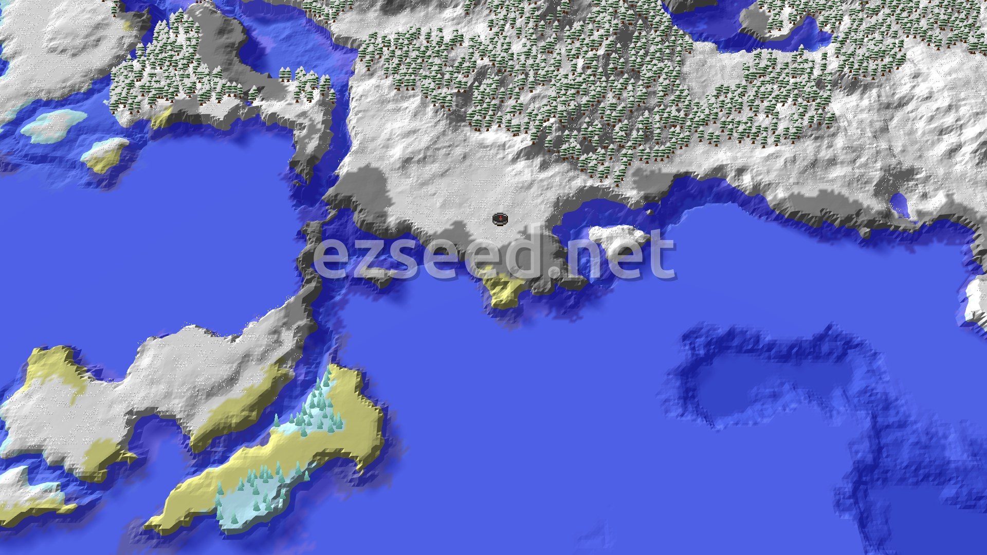 Aerial Minecraft seed map — Frozen Coastline With Snowy Slopes and Ice Spikes