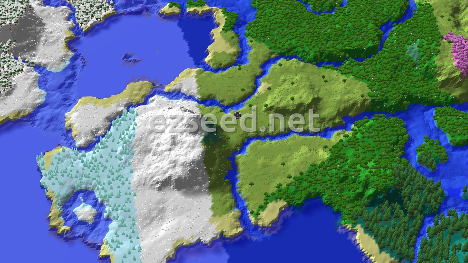 A grassy plains peninsula split by rivers, with a snowy hillside and frosted spruce on the left and dense green forest and a pink cherry patch to the right.