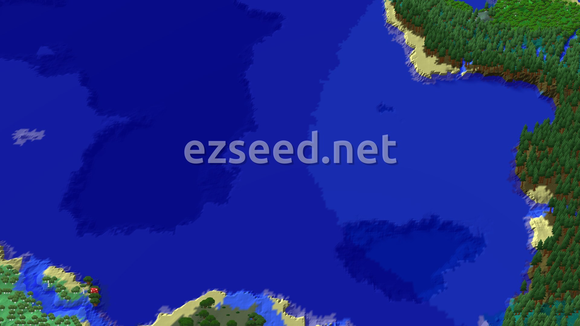 A wide blue bay with dark deep-water patches, ringed by sandy beaches and dense spruce and green forest along the right and bottom edges.