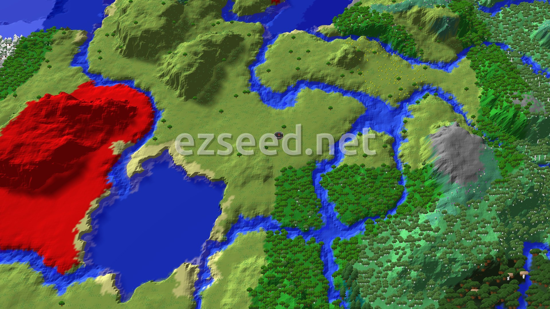A grassy plains basin with a blue lake to the west, winding rivers, dense forest to the east and hills rising around the edges.