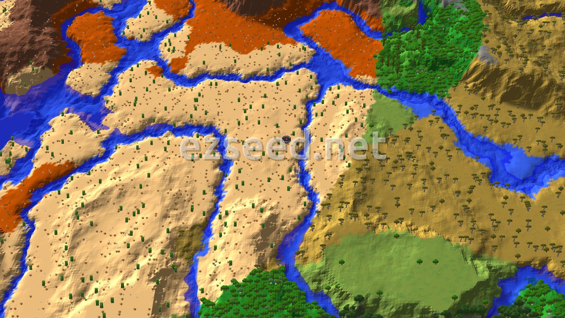 A sandy desert cut by blue river channels, with orange badlands to the north-west, savanna and green forest to the east and south.