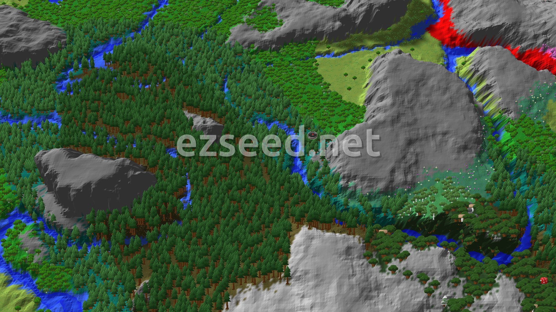 A dense spruce forest in a river-cut basin, with bare grey hills rising around the edges and a small spawn marker in the centre.