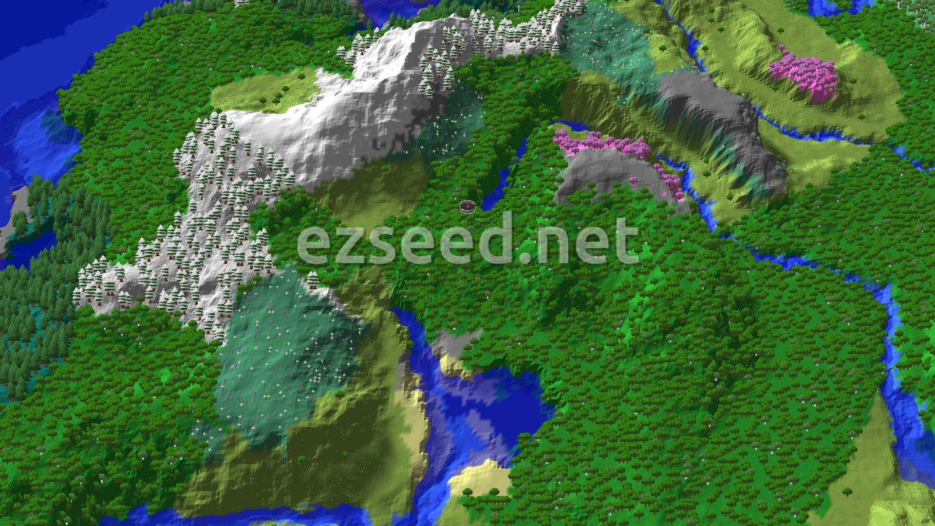 A dense green forest with a small river bend at spawn, pink cherry trees on grey hillsides to the east, and snow-dusted peaks rising to the northwest.