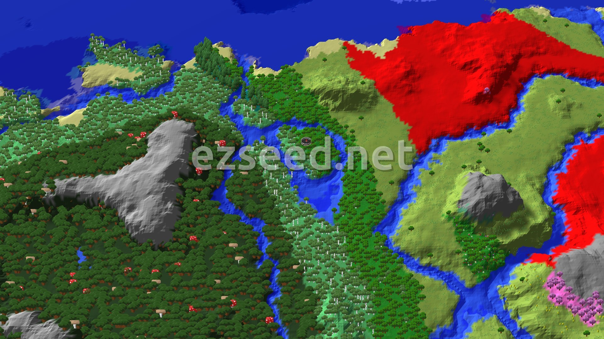 A small forested island in a river bend, with birch forest and dark forest on the banks, plains to the east and ocean along the top edge.