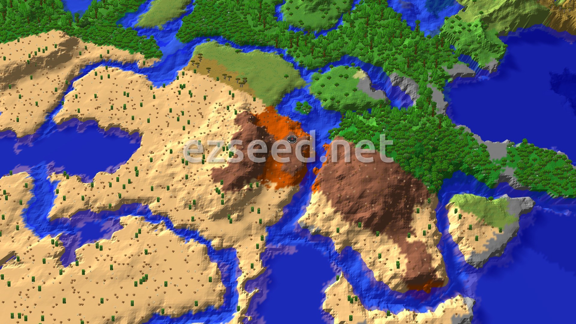 Aerial Minecraft seed map — Eroded Badlands at Spawn with Desert Pyramid