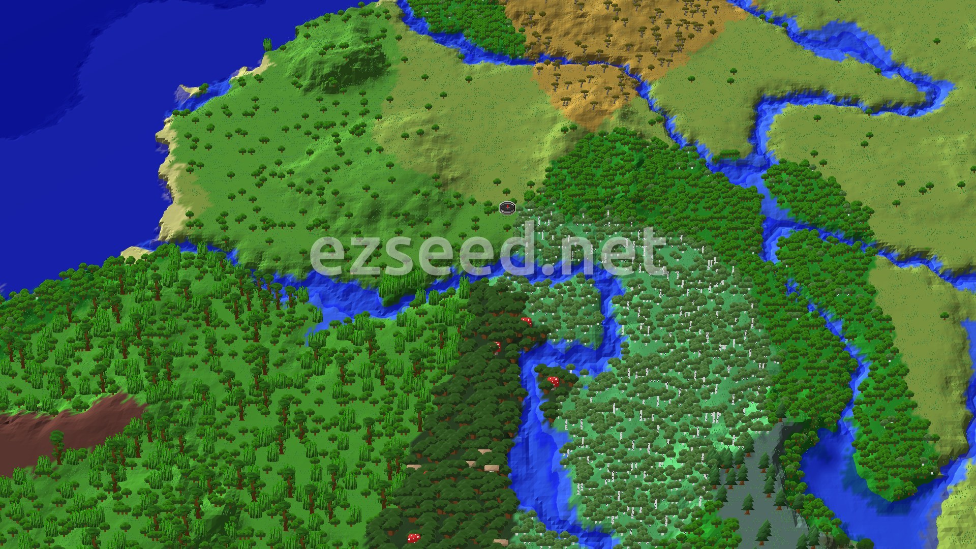 A bird's eye view of a lush green landscape with dense forests, a winding blue river, and a small marker in a clearing.