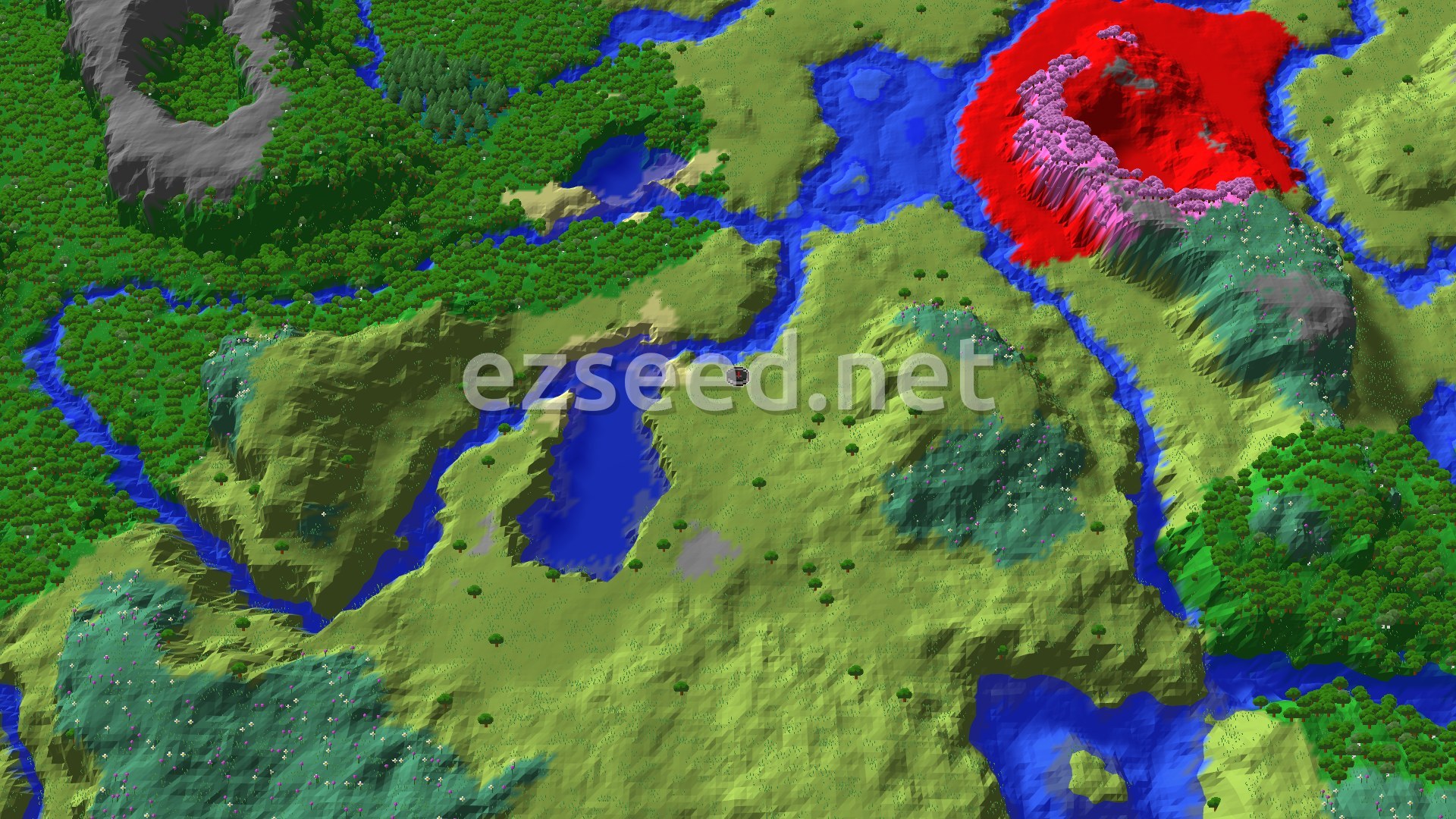A bright green plains basin with a small blue lake beside the spawn marker, river channels winding through dense forest to the north and west, and higher ground rising around the edges.