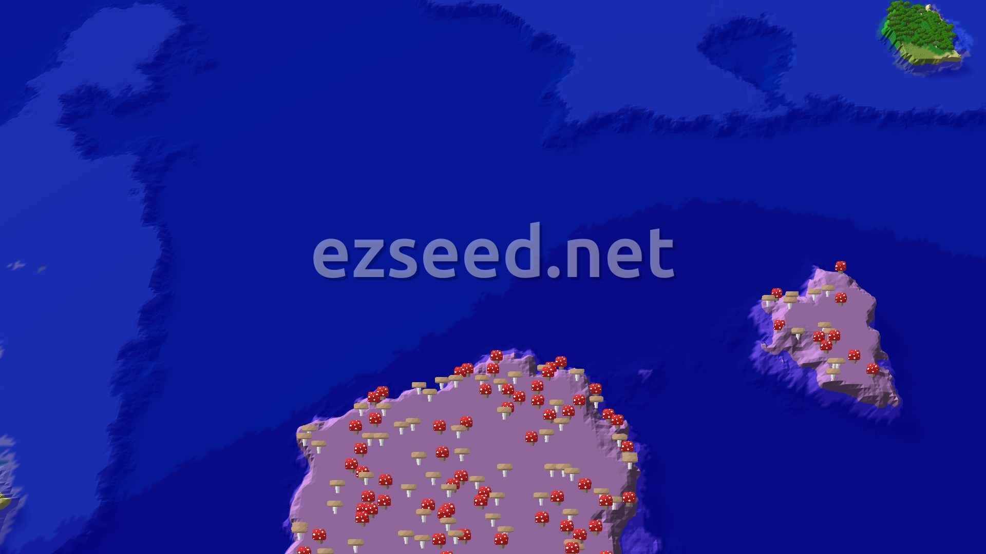 A fly-over of deep blue ocean with a small green island of dense trees in the upper corner and mushroom-covered islands with red and brown caps in the foreground.