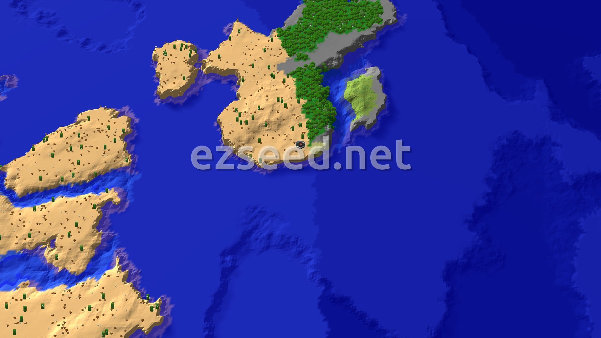 A sandy desert island with cacti and a strip of dark forest and grey stone along its east coast, a smaller grassy islet offshore, and deep blue ocean all around.