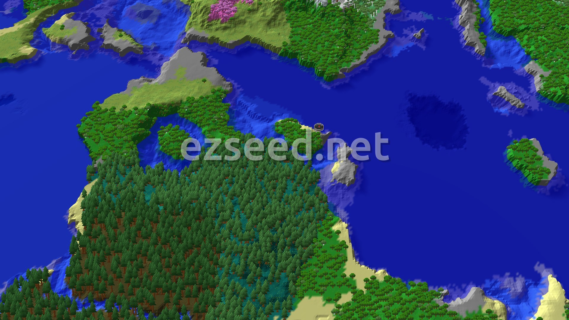A 3D fly-over of a small forested island with a sandy beach and grey stony shore, surrounded by deep blue ocean, with pine forest and a pink cherry-blossom patch on the mainland to the west and north.