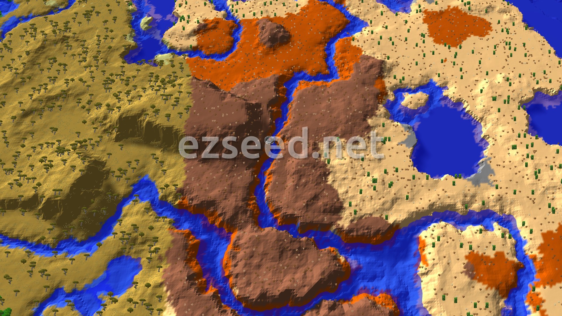A brown eroded badlands mesa split by a narrow river, with savanna trees to the west and pale desert dotted with cacti to the east.