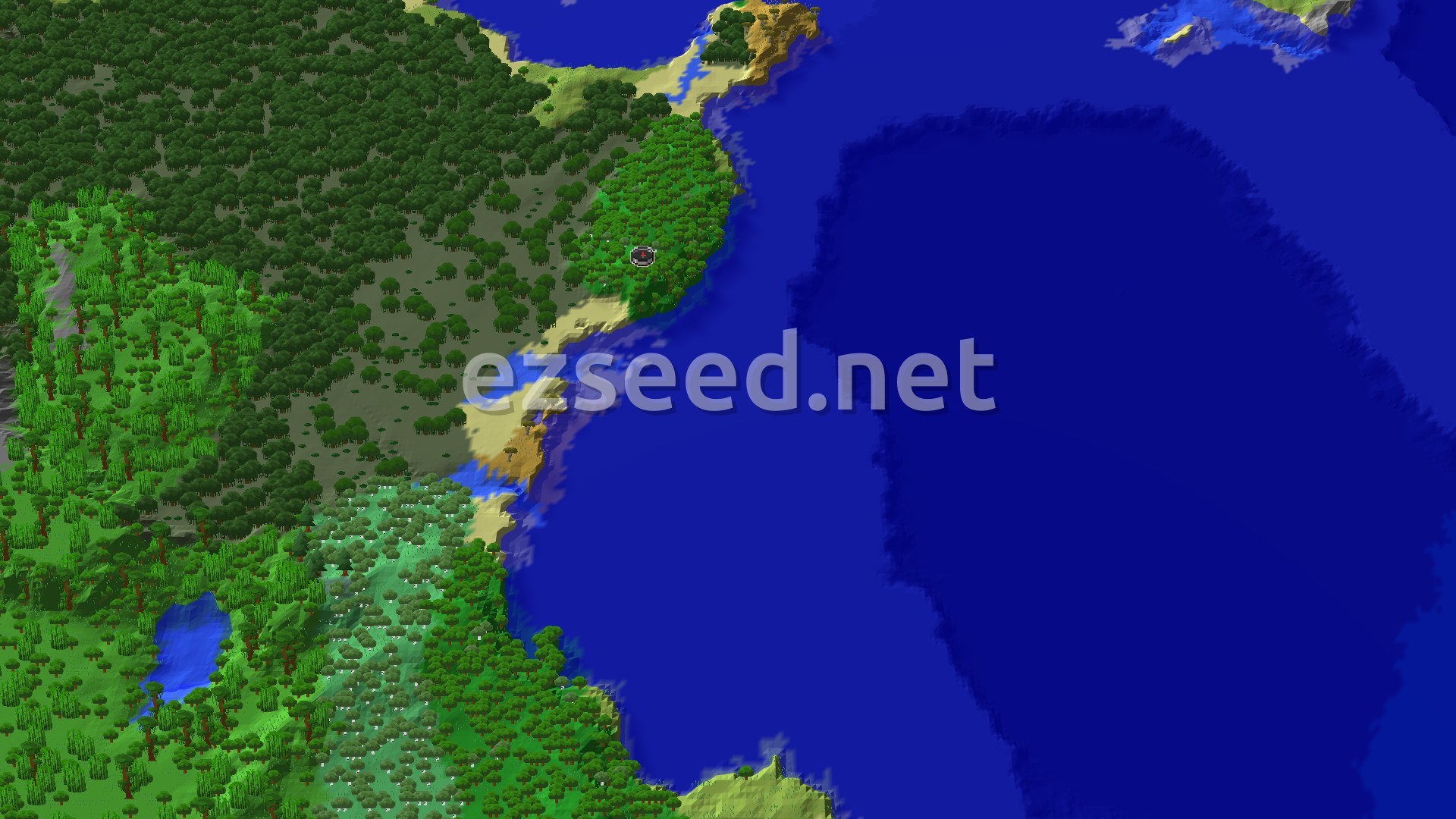 A forested coastline with sandy beaches running along a large expanse of deep blue ocean, with jungle and a small pond to the west.