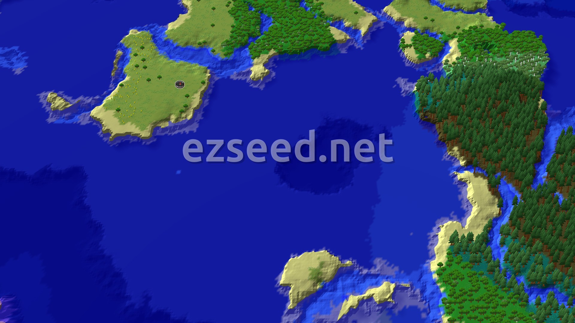 A 3D fly-over of a large ocean area with several islands, one with open plains and scattered trees, another with dense forests.