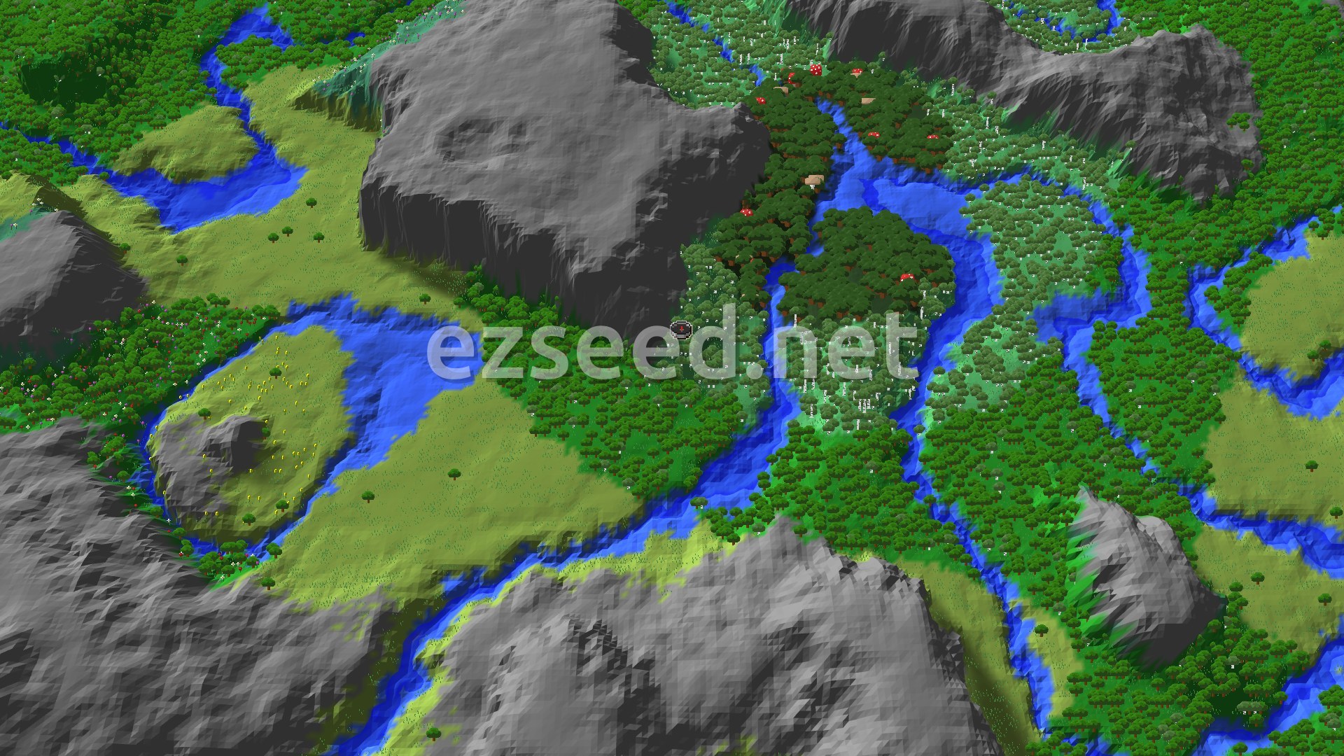A fly-over of a birch and oak forest cut by winding rivers, with grassy meadows and bare grey rock ridges rising on every side.