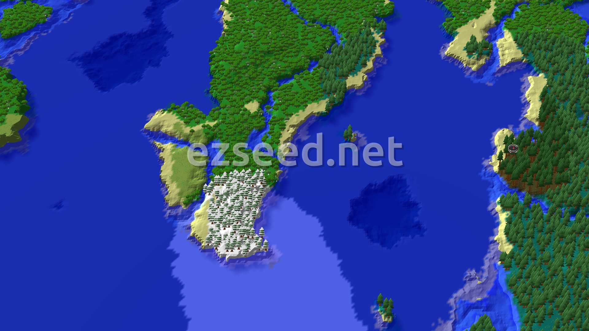 An aerial view shows a sprawling taiga landscape with distinct snowy areas, bordered by a vast ocean and several sandy beaches.