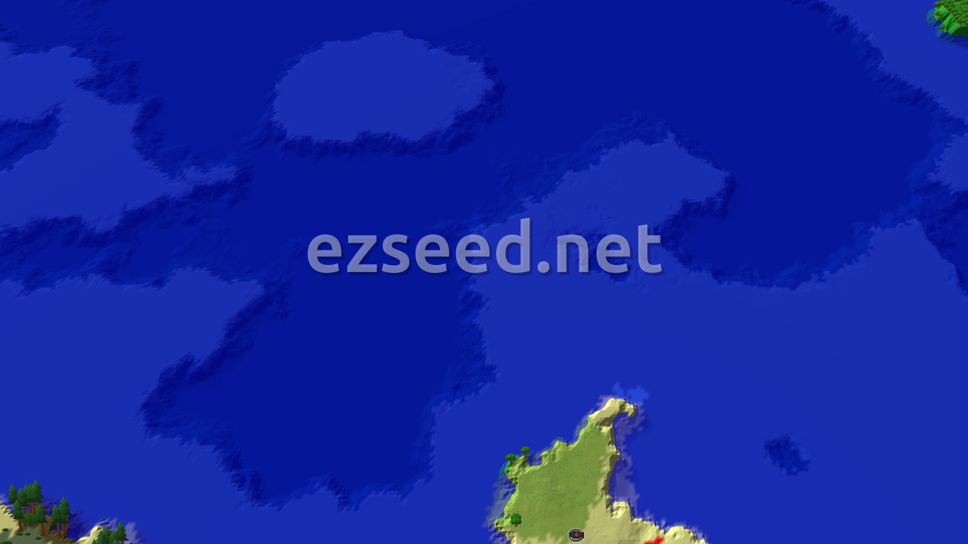 A 3D fly-over of a small sandy and grassy headland at the bottom edge, surrounded by a wide expanse of cold blue ocean, with a few spruce trees at the lower left.