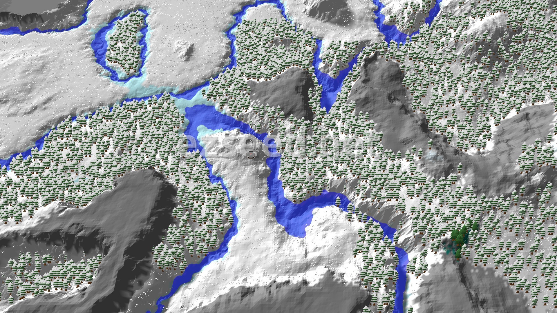 Aerial Minecraft seed map — Frozen Valley Ringed by Higher Ground and Snowy Taiga