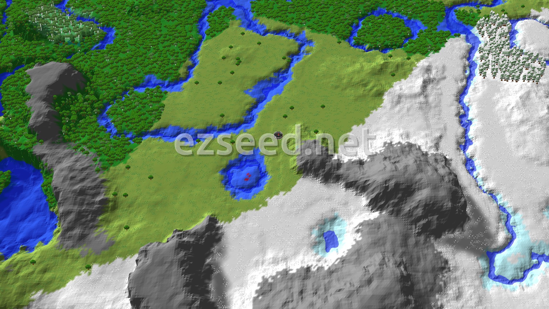 A grassy plains clearing ringed by winding rivers and dense green forest, with snow-covered ground and grey rocky ridges spreading across the lower right.