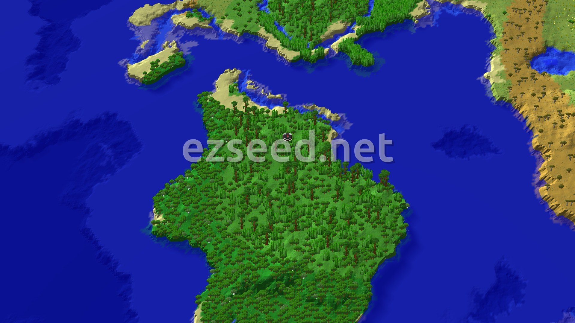 A bird's-eye view of a large, green island covered in dense jungle and bamboo, surrounded by blue ocean, with a small marker at the center indicating the spawn point.
