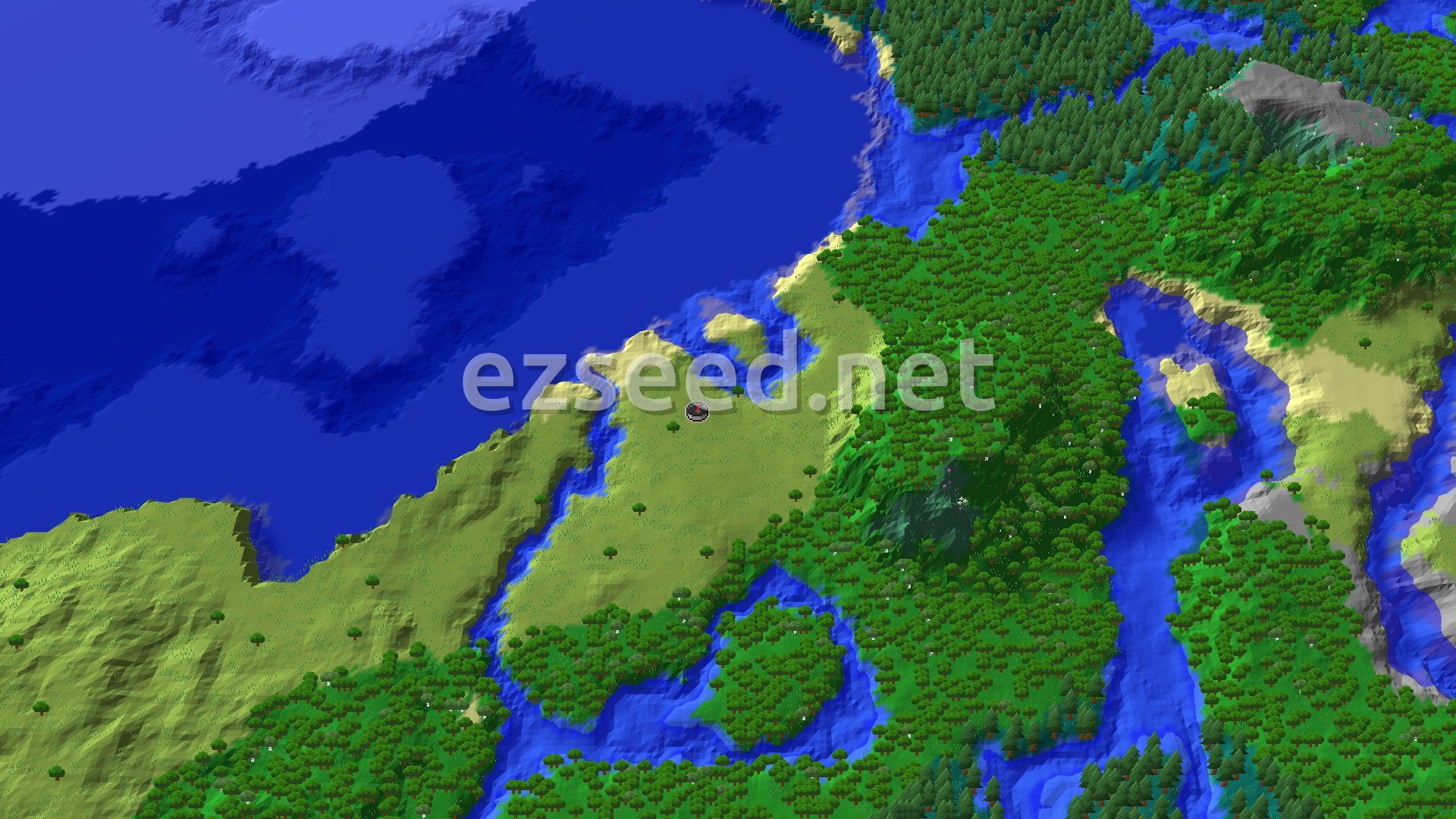 A grassy plains peninsula pushes into a deep blue cold ocean, with dense oak forest, river inlets and a few bare grey hills around it.