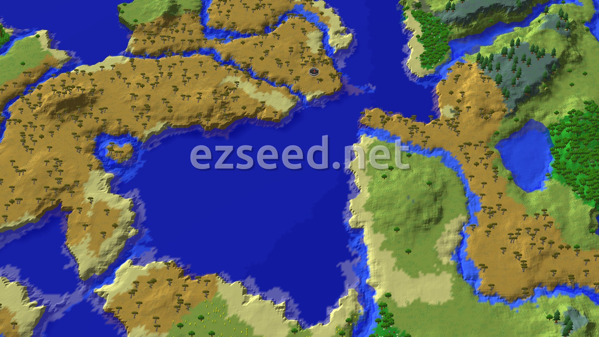 A 3D fly-over rendering of a savanna peninsula, dotted with acacia trees, surrounded by blue ocean water and connected to a larger landmass of plains and forests.