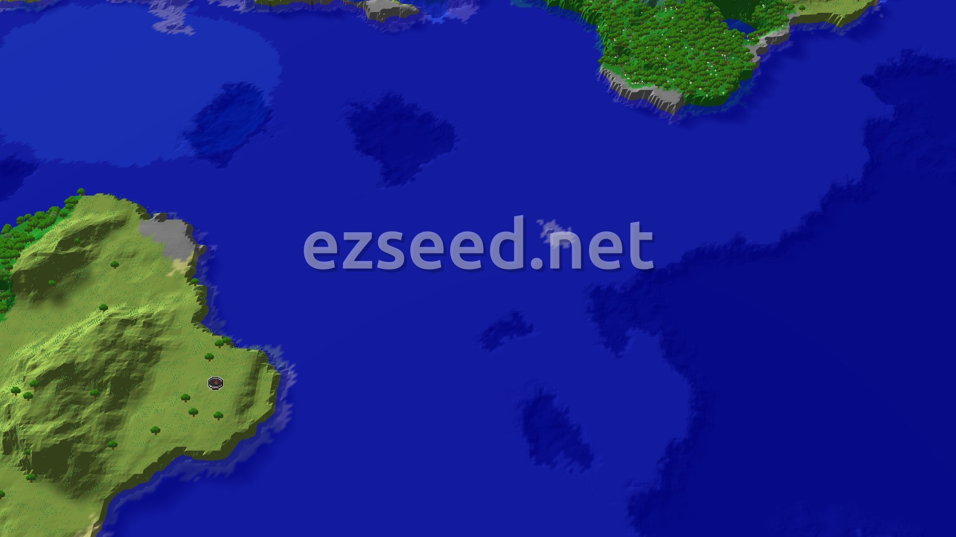 An aerial view of a large island covered in green plains and forests, surrounded by blue ocean. A small spawn marker is visible near the island's edge.