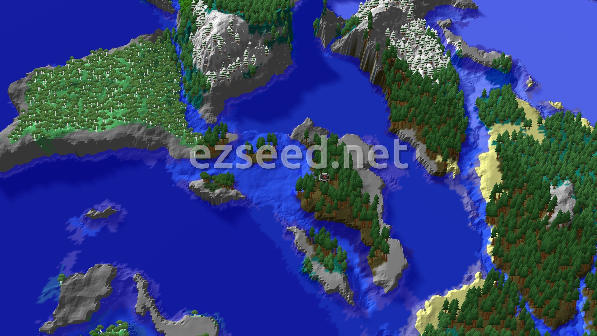 A narrow, forested island of dark pines and grey stone sits in a wide blue channel, with a birch forest, snowy hills and a sandy coast on the surrounding land.