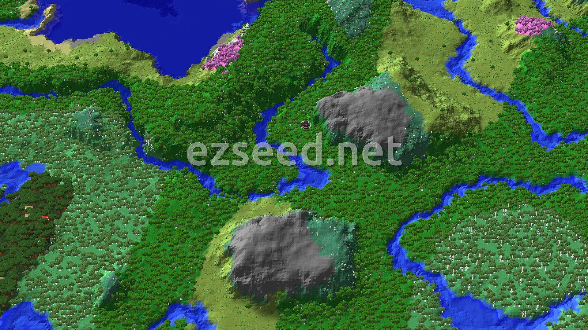 A dense green forest floor crossed by narrow blue rivers, with bare grey stone hills, pale birch woods, and small pink cherry groves at the edges.
