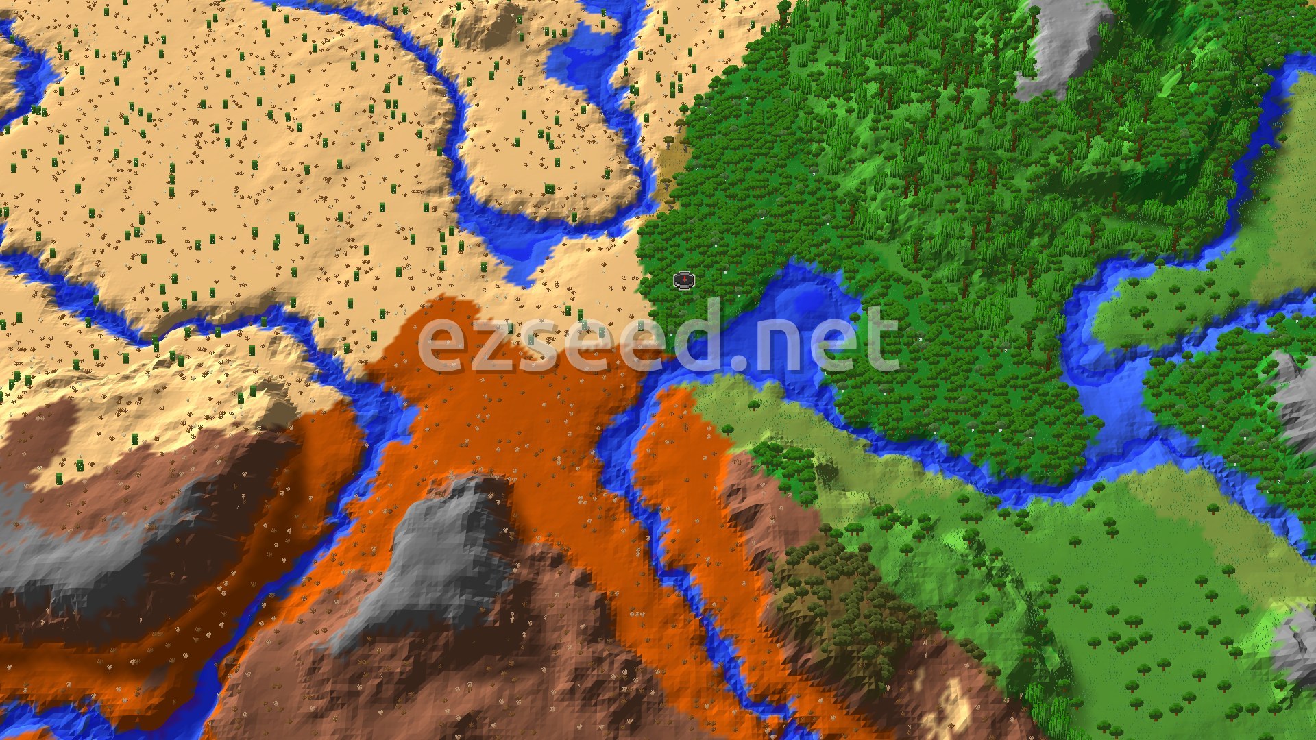 Aerial Minecraft seed map — Desert Pyramid and Abandoned Village Beside Badlands