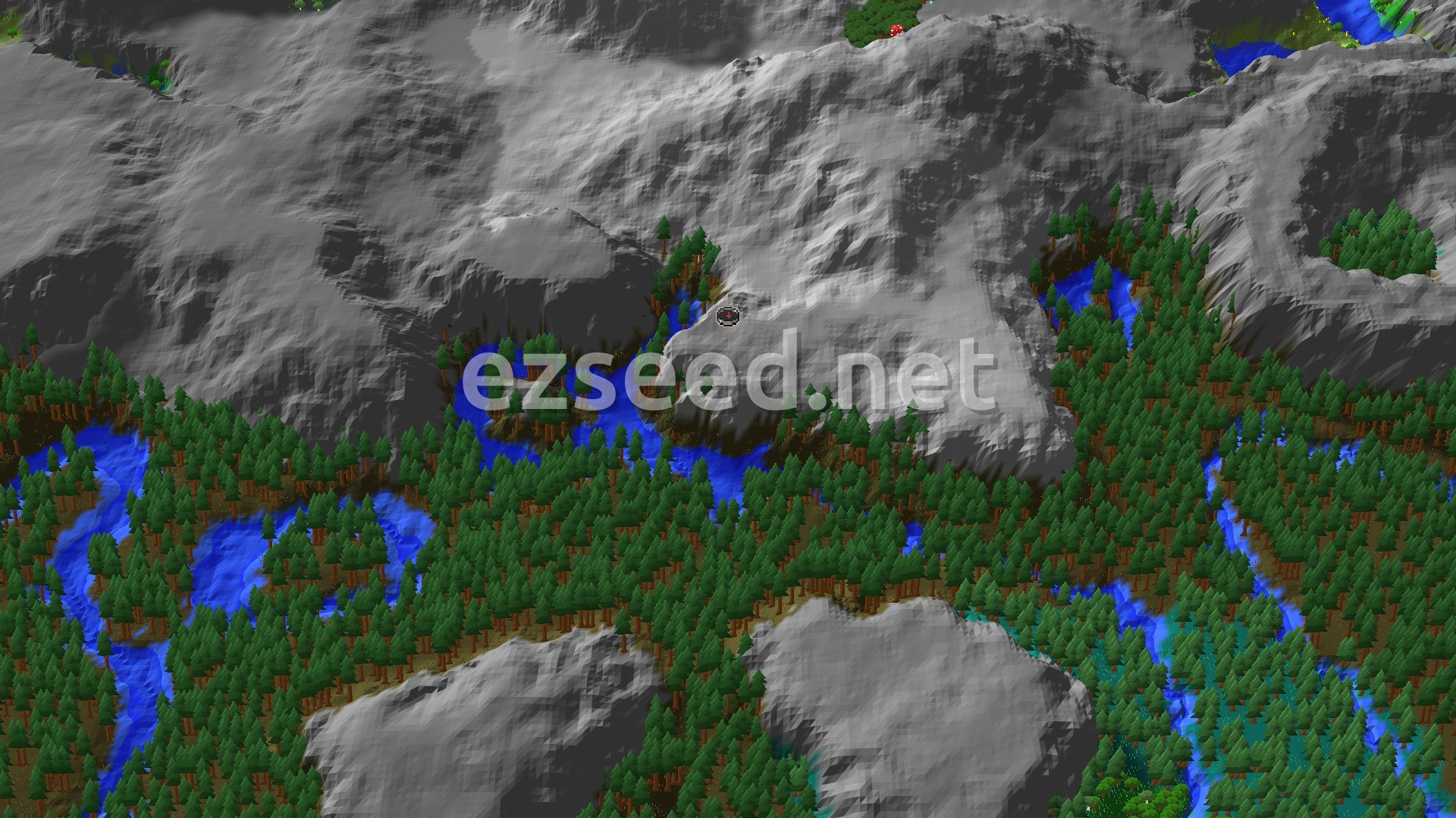 A 3D fly-over of dense dark-green pine forest cut by winding blue rivers, with bare grey rock ridges rising to the north and a spawn marker on a high slope.