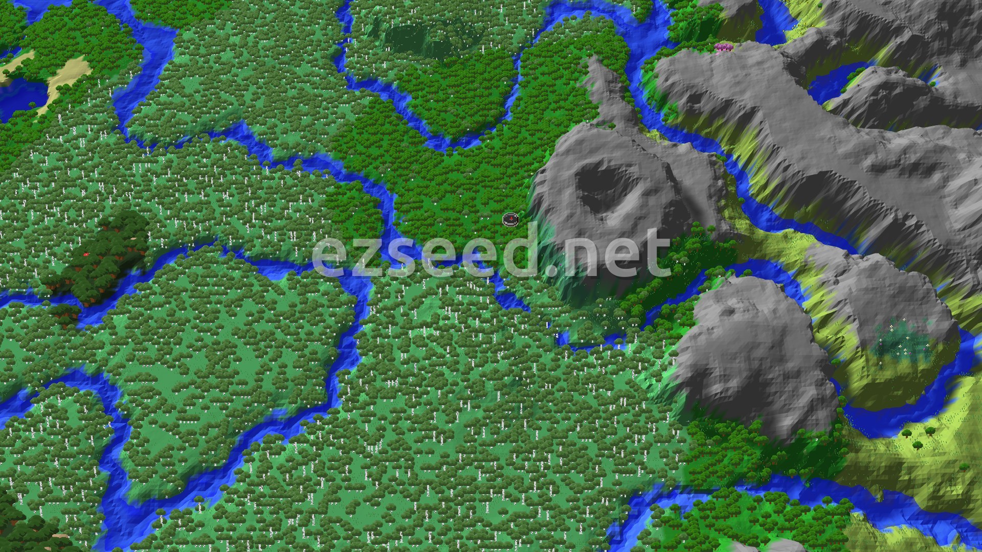 An overhead view of a diverse landscape featuring dense forests, winding rivers, and a large, grey mountain range to the east, with a small spawn marker in the central forested area.