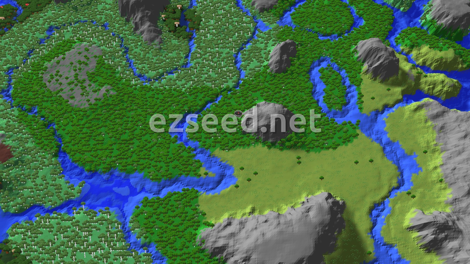 A 3D fly-over of dense green forest broken by winding blue rivers, a meadow clearing and grey rock outcrops around the spawn marker.