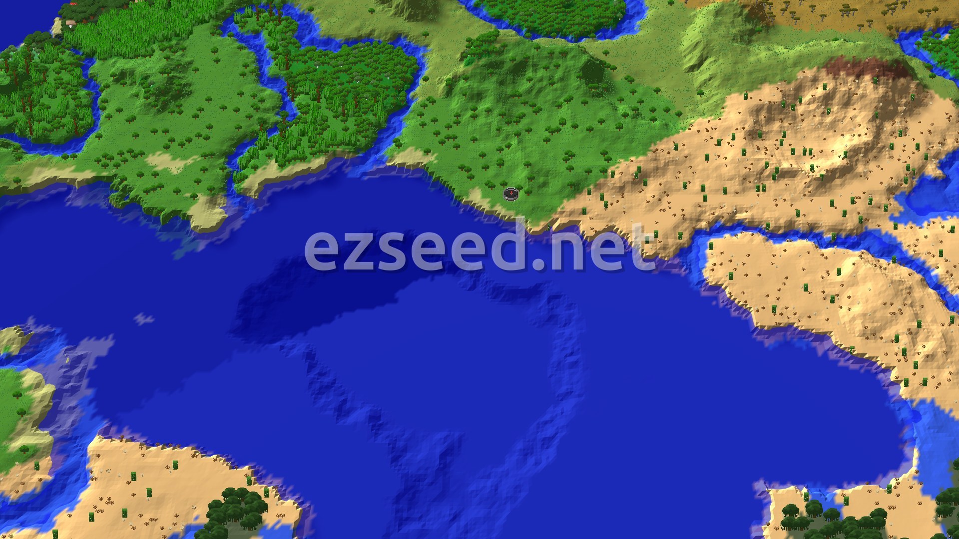 A forested shoreline curves around a wide blue bay, with sandy desert plateaus to the east and rivers cutting through green hills to the north.