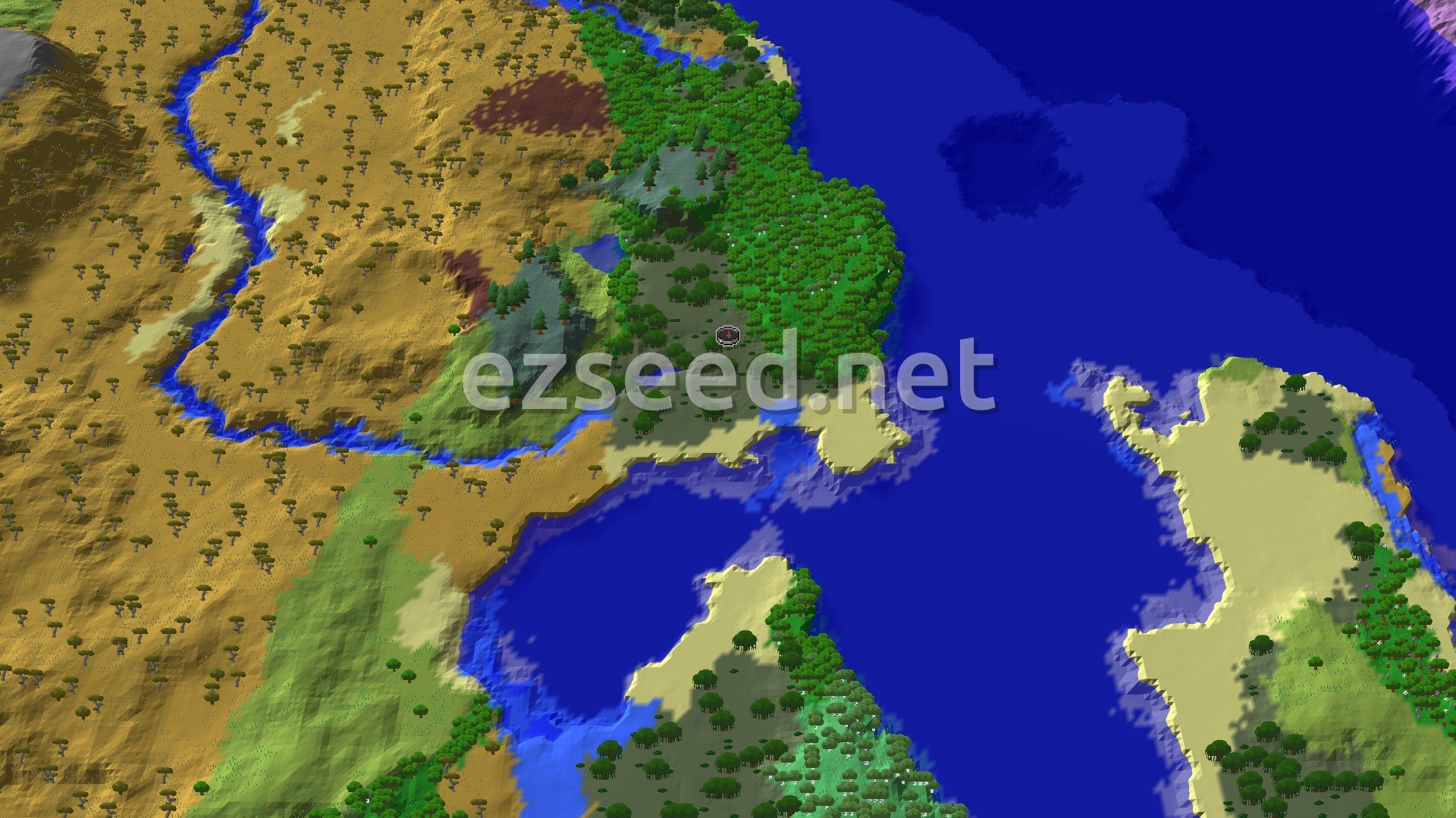 An overhead view of a diverse landscape featuring a central swamp surrounded by forests and savannas, with a prominent river winding through the terrain and oceans bordering the land.