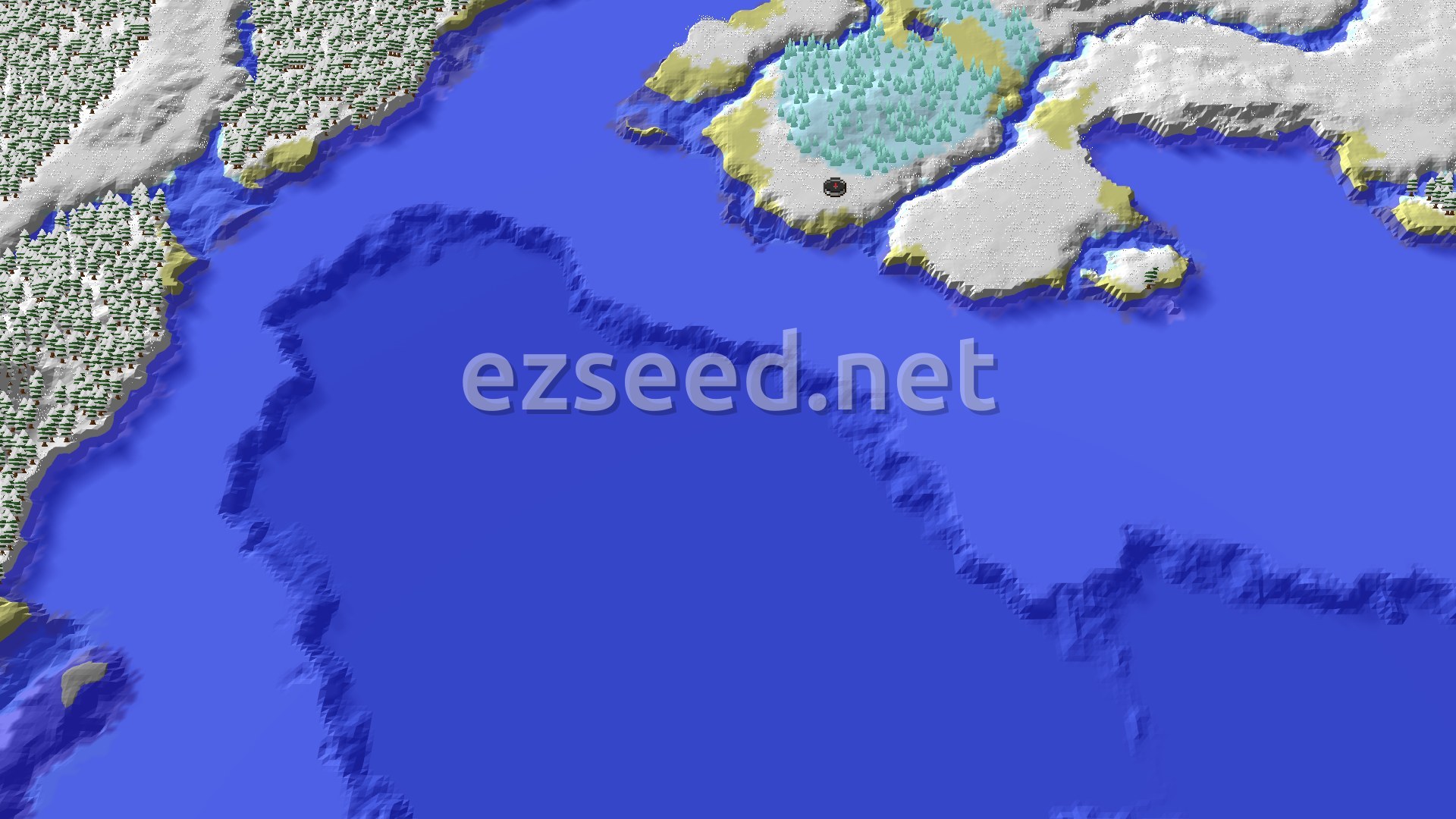 A snow-covered island with sandy shores and a patch of pale ice spikes, ringed by deep blue frozen ocean and more snowy taiga across the water.