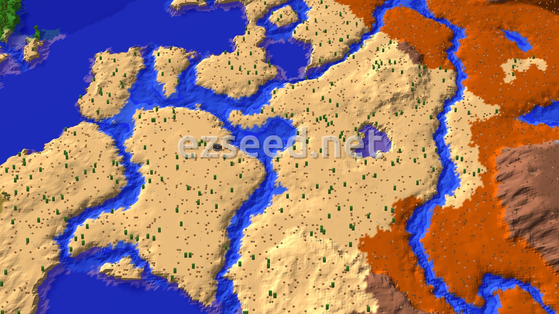 A sandy desert island split by blue river channels and ringed by deep water, with orange badlands rising along the eastern edge.