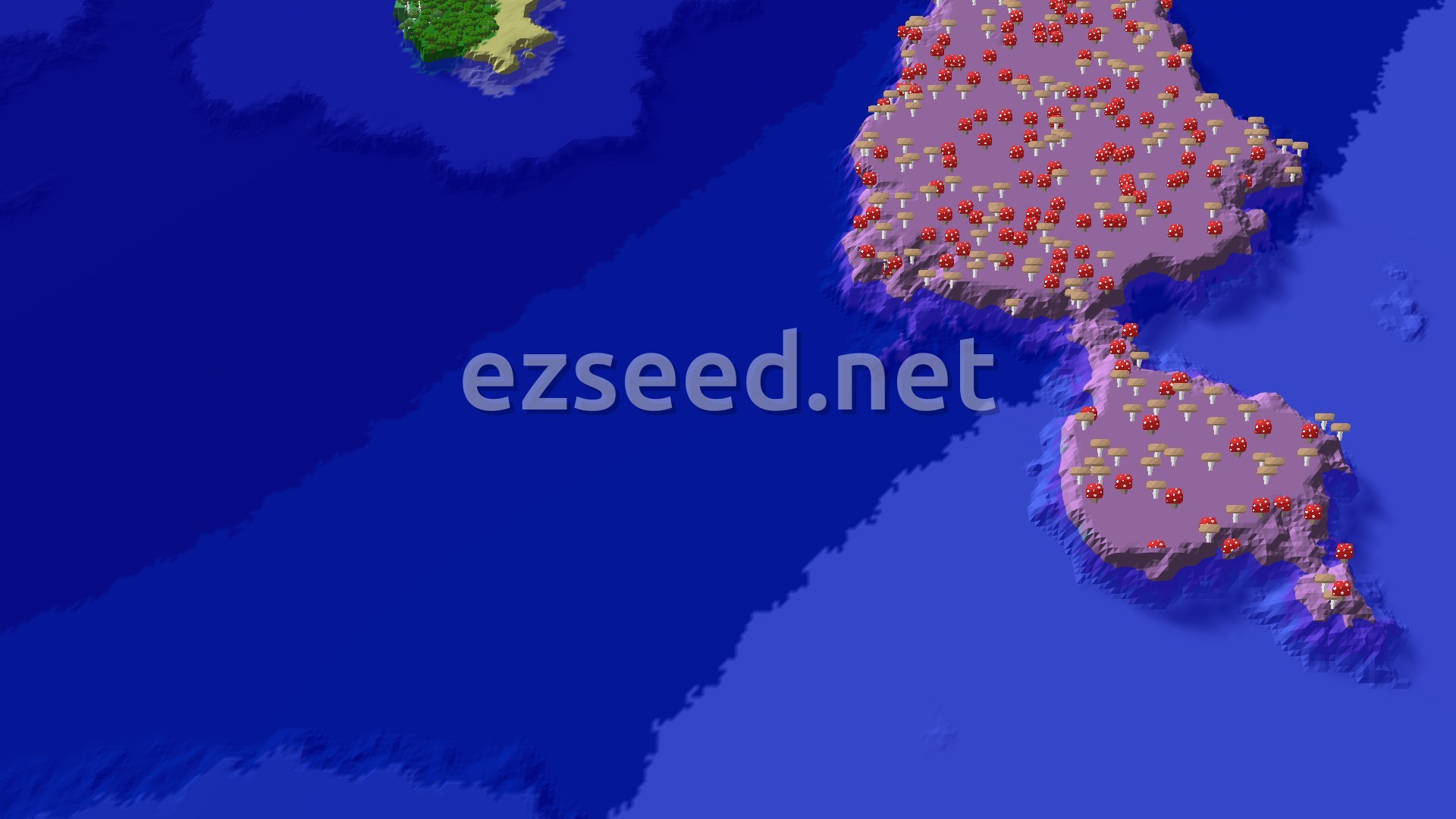 A mushroom island with red and brown mushrooms sits in deep blue ocean, with a small forested island and sandy beach in the upper left.