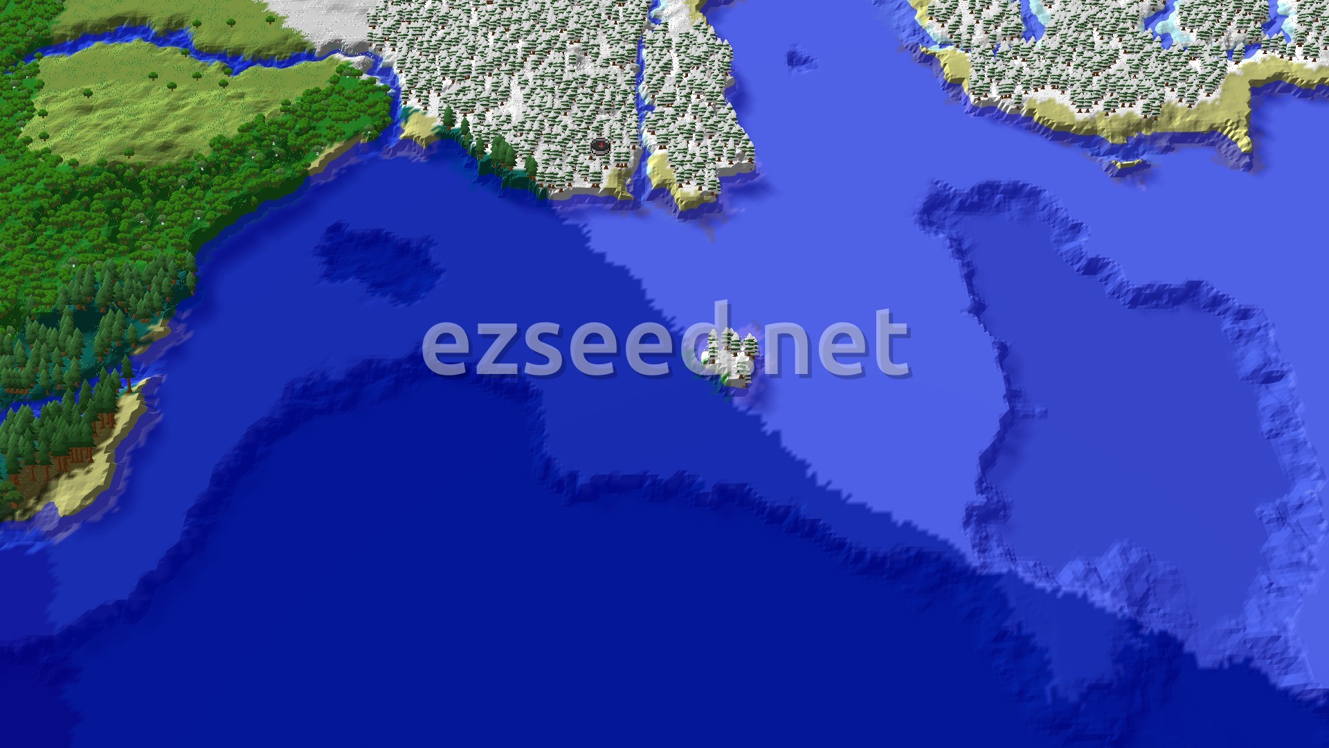 An aerial 3D view of a snowy landscape with a prominent ocean and a small island, showing forests and scattered snowy trees near the water's edge.
