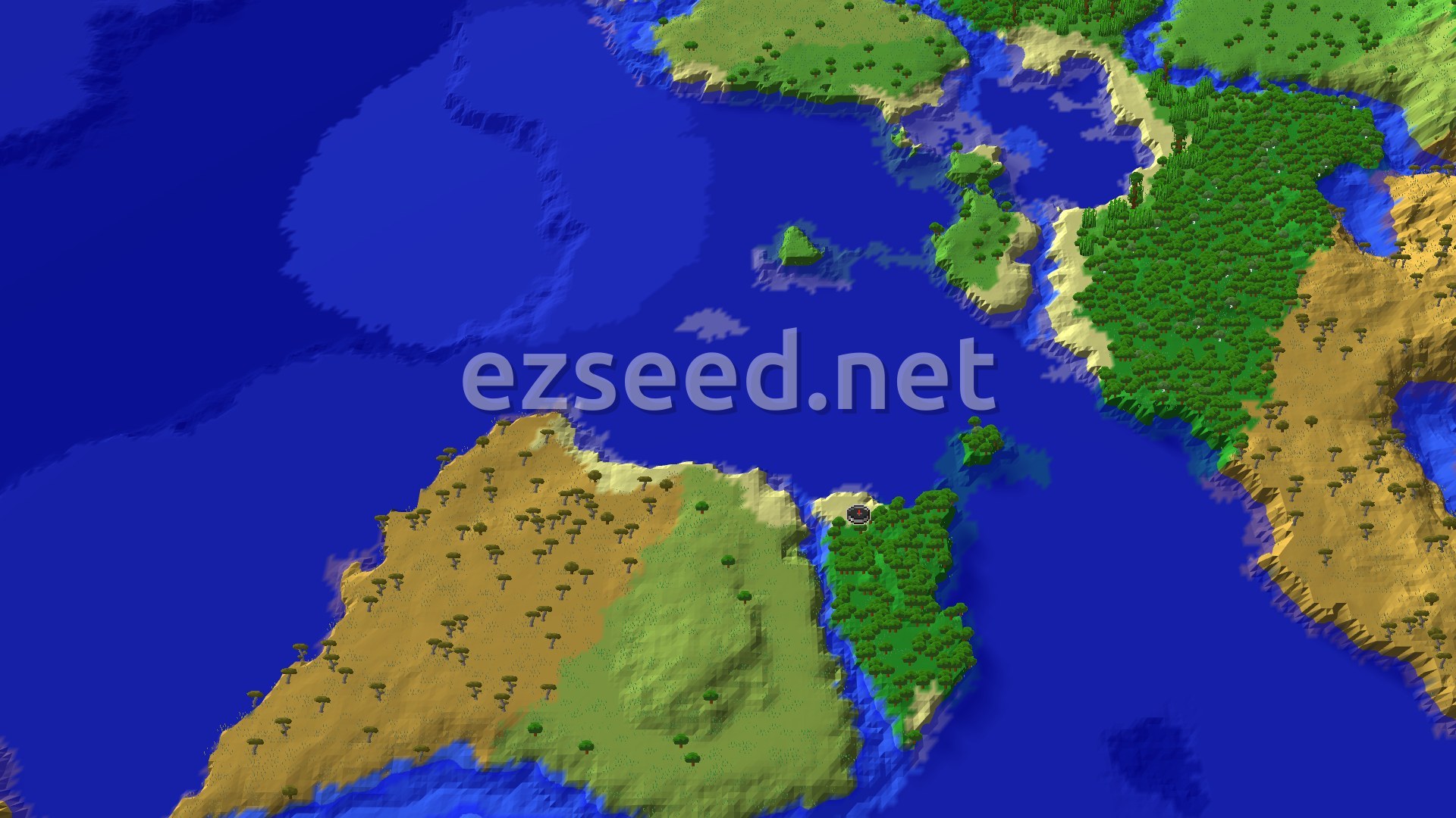 A forested spawn peninsula beside a larger savanna landmass, ringed by blue ocean with small islets and a dense green forest across the water.