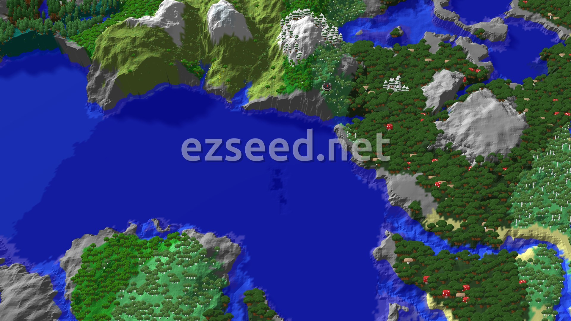 A fly-over of a large blue bay with a green, snow-dusted mountain ridge on its northern shore, dense dark-oak forest and grey stone outcrops to the east, and a forested island in the foreground.