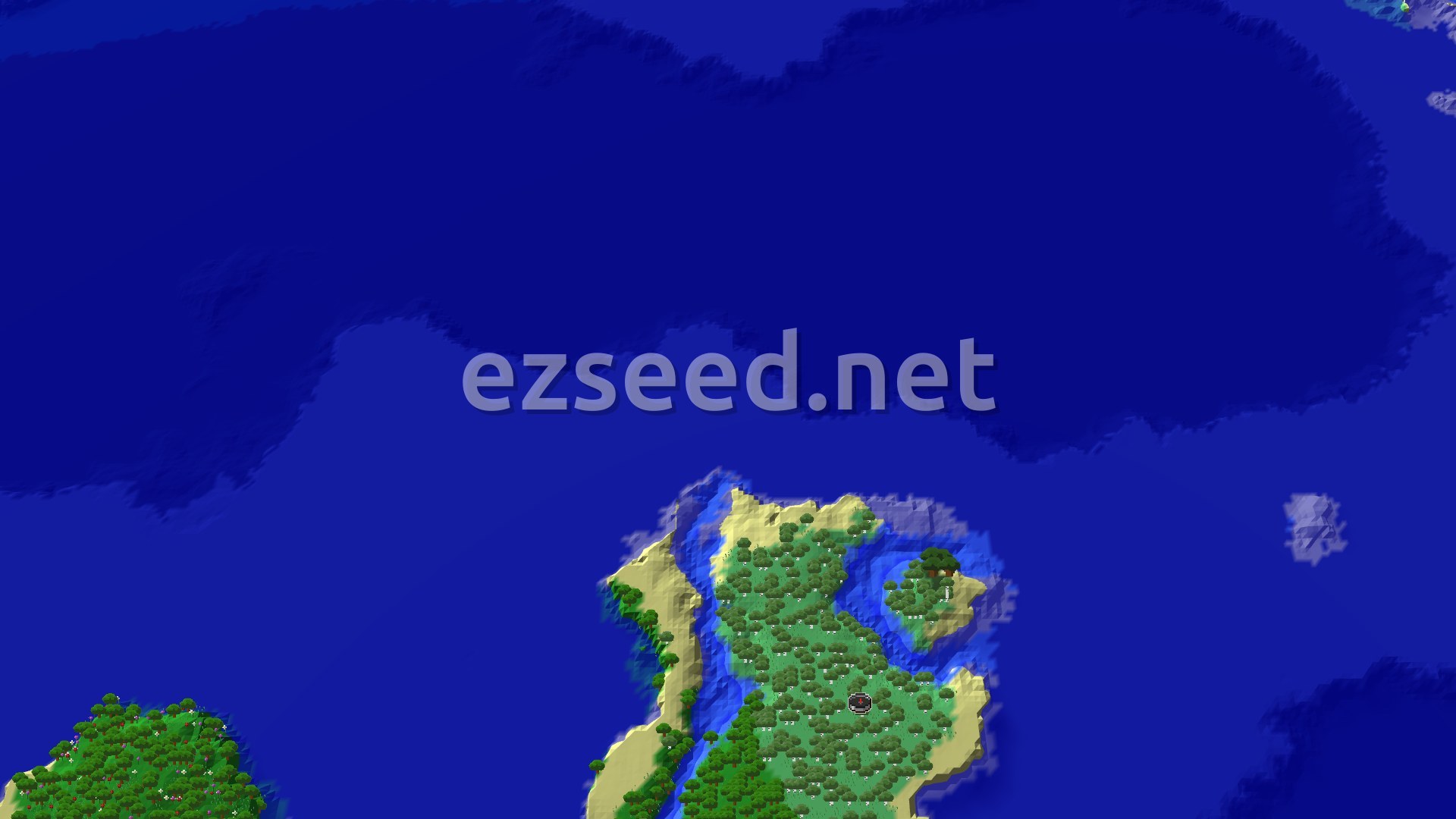 A fly-over of a forested island with sandy beaches and a river channel, surrounded by deep ocean, with a small spawn marker near the middle.